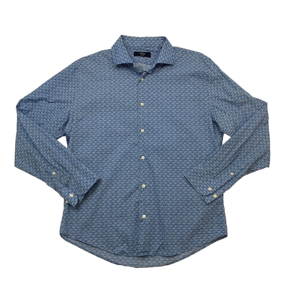 1901 Dress Shirt Mens 15.5 Blue Long Sleeve Floral Patterned Cotton Button Up